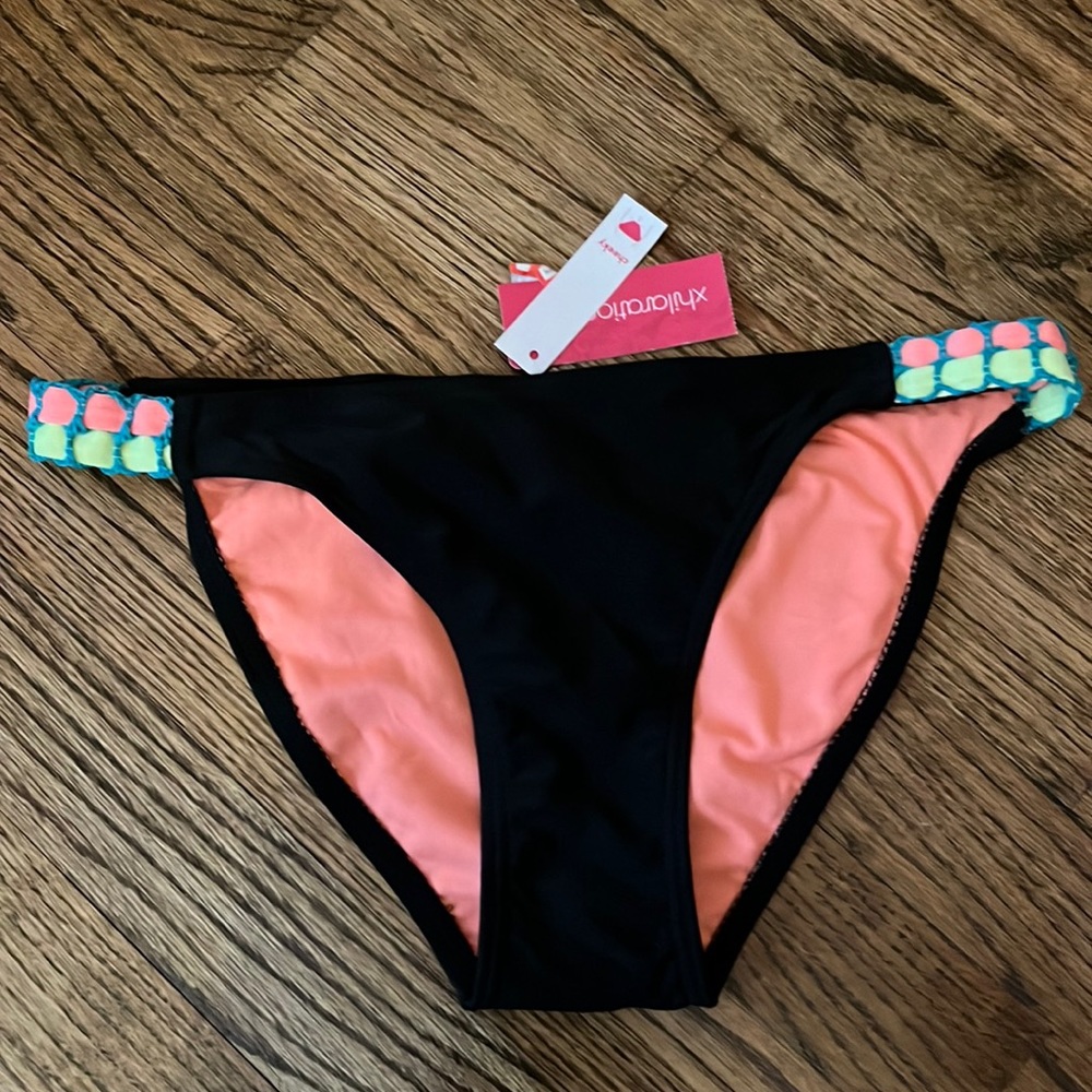 Black Bikini Bottoms Size M with Neon Peach & Yellow Sides NWT